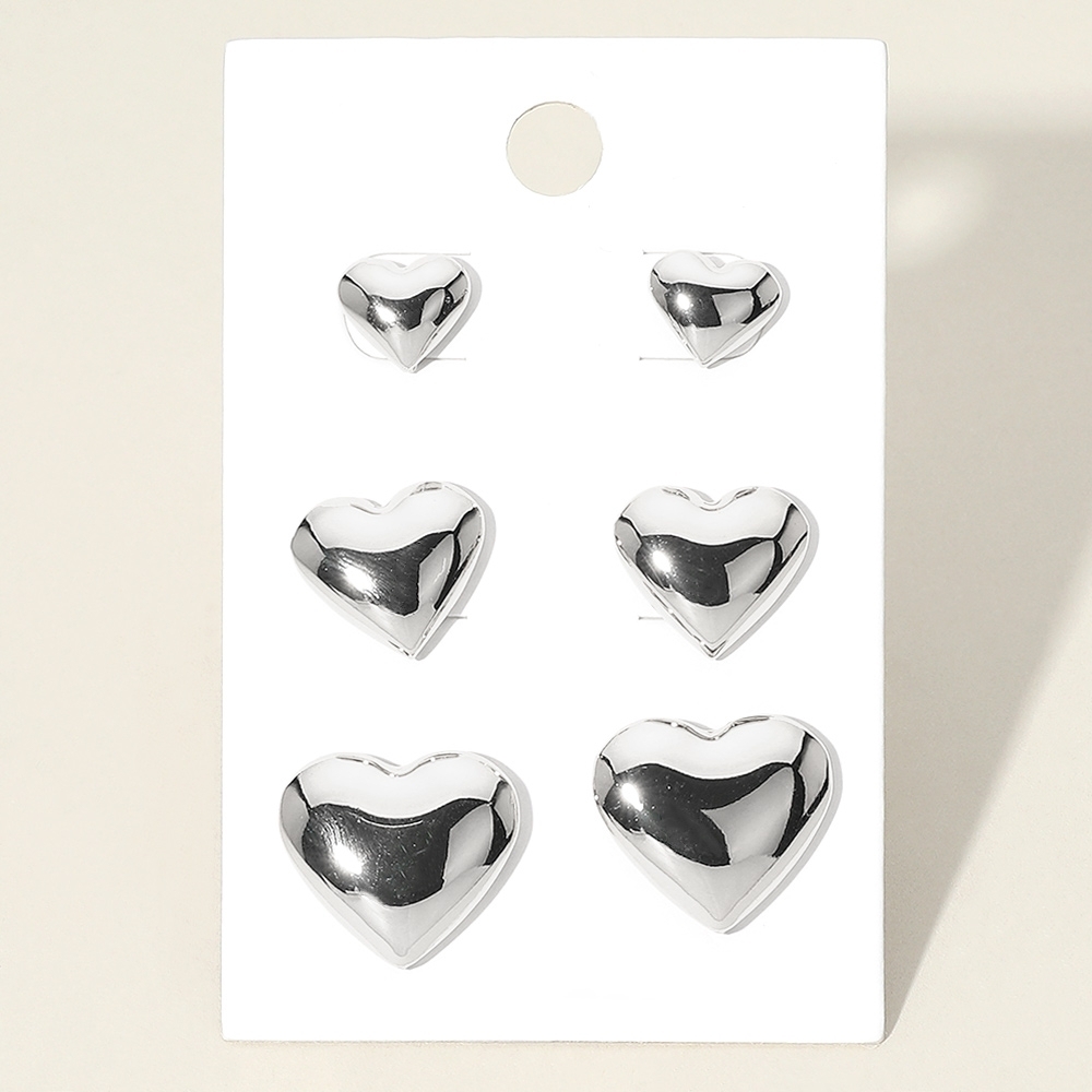 Silver Stud Earrings 3 Pair Set Simple Metal Jewelry Valentines Day